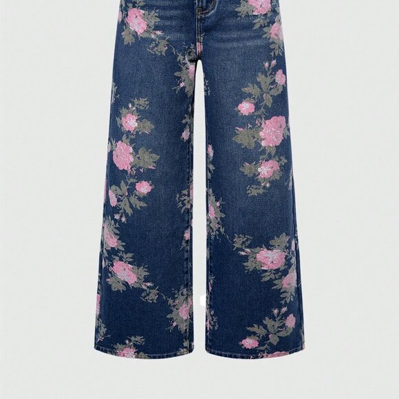 Blue Casual Women's Floral Print Washed Loose Baggy Flared Jeans - Picture 3 of 5